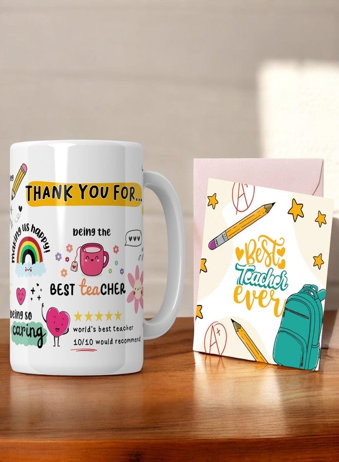SINCE 7 STORE Thank You Teacher Doodle Mug with Greeting Card, Appreciation Mug with Lovely Messages/Gift for Teacher's Day, Birthday or Any Special Ocassions - Image 1